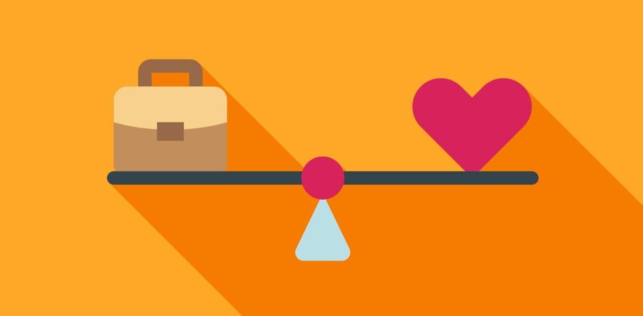 Images of a briefcase and heart, balanced on a see-saw