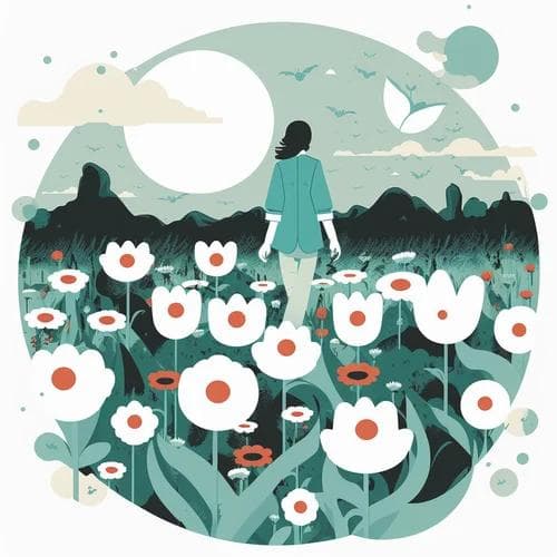 Person strolling through a field, with an eerie background