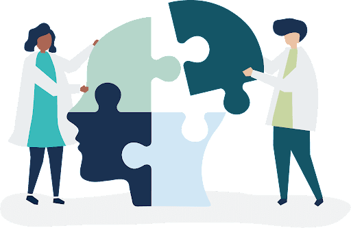 Illustration of two people assembling a puzzle in the shape of a human head